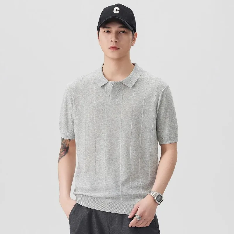 Men Summer Ice Silk Vertical Rib Knit Lapel Short Sleeve Polo Shirt Loose Breathable Simple Daily Casual Top S-4XL
