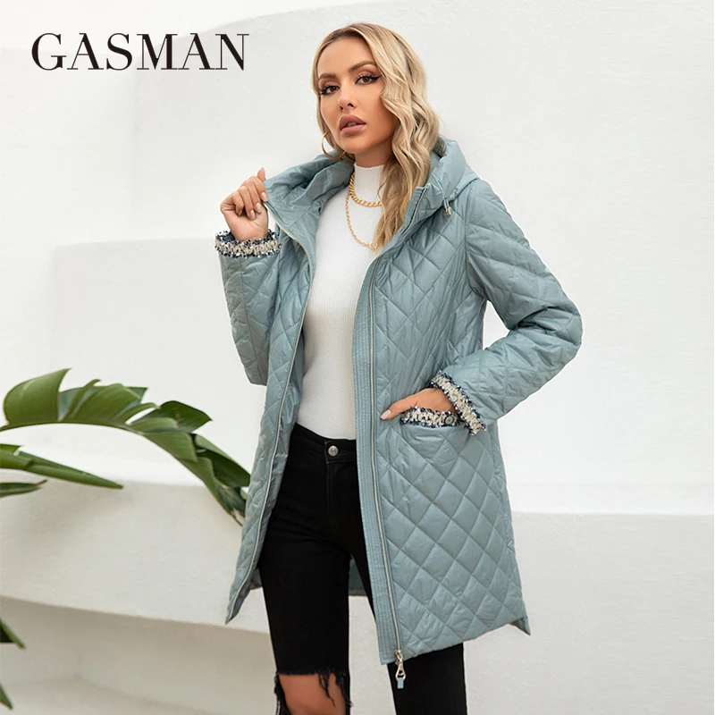 

GASMAN 2023 New Spring Autumn Women coat Simple Mid-Length Fashion unique splicing Hooded design Women's spring jackets 8220