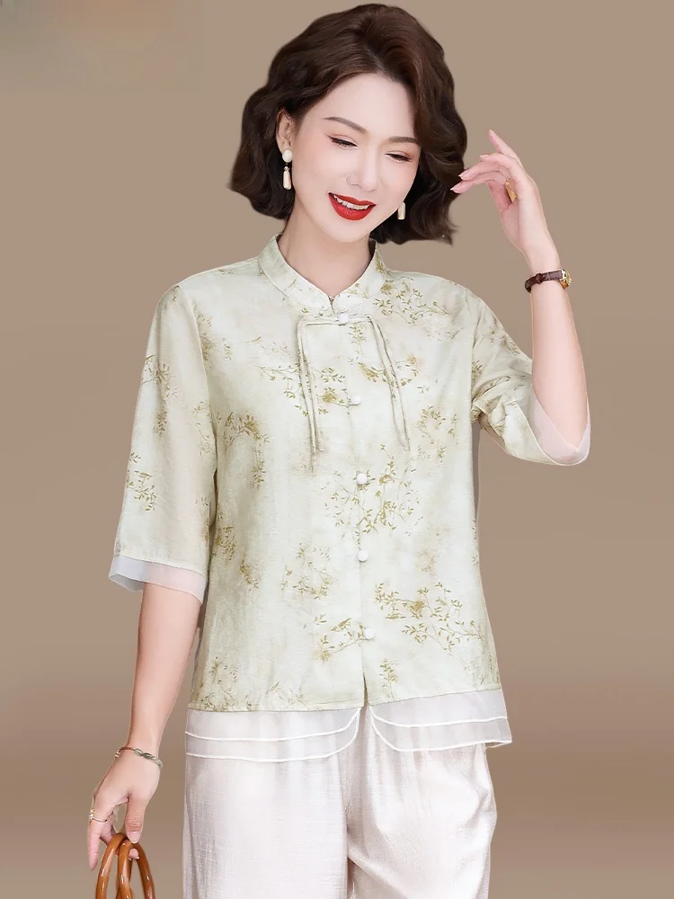 

Модный летний комплект из хлопка и льна для женщин среднего возраста: новый китайский стиль, свободный крой, топ с круглым вырезом и коротким рукавом