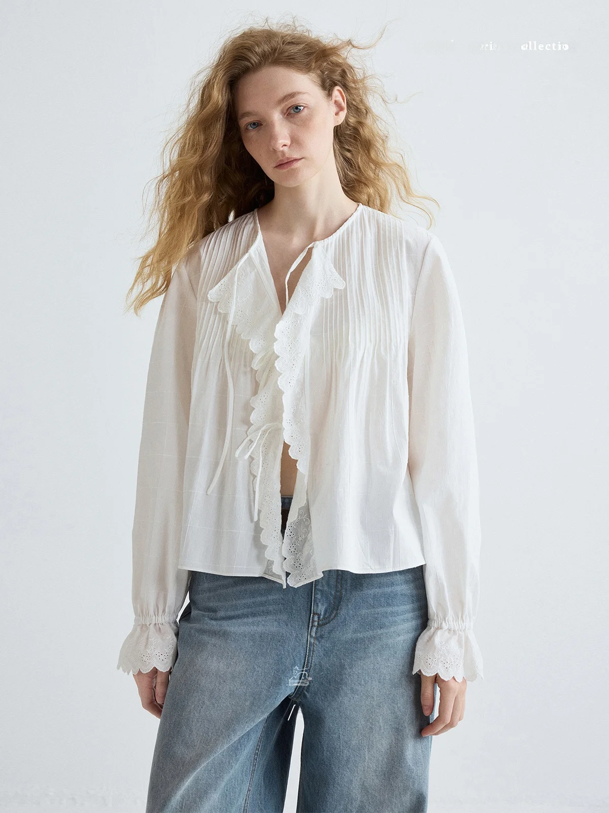 

Женская хлопковая рубашка свободного кроя Nice People 2026SS с вышивкой и кружевной отделкой, с завязками, повседневная, премиум-класса, из весенней коллекции