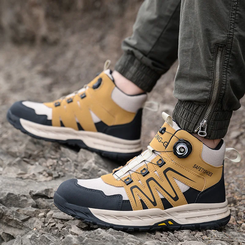 Steel Toe Rotating Button Safety Shoes Men,Lightweight Breathable Anti-Puncture Anti-Smash Non Slip Industrial Work Boots