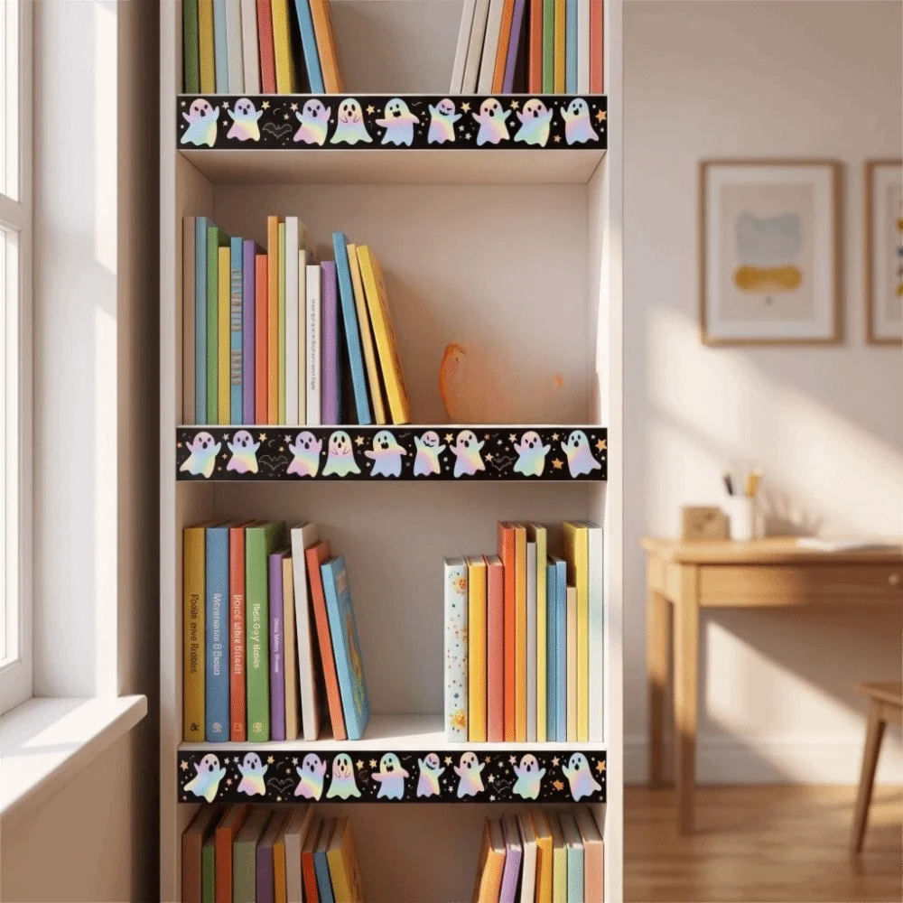Iridescent Halloween Border Trim Waterproof Multicolor Holographic Decals Straight Rolled Easy Remove Boo Border Chalkboard