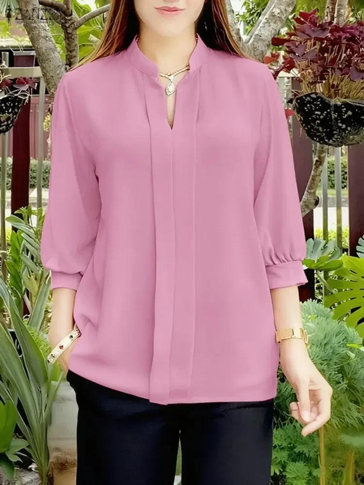 ZANZEA Frauen Bluse Mode 3/4 Hülse Casual Einfarbig Tops 2025, Herbst V-ausschnitt Lose Blusas Femininas Streetwear Arbeit Tunika