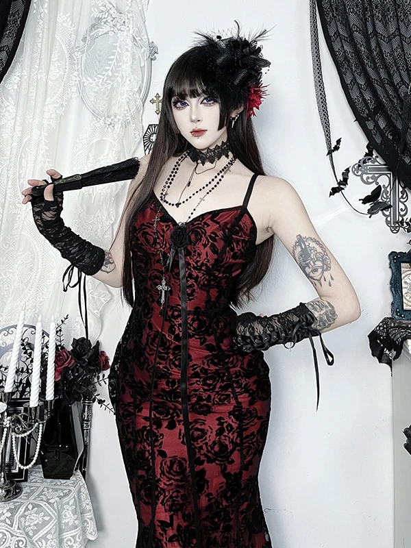 Loween Wasteland Sle k المخملية اللون Blo Strap Dr التخسيس الخصر عالية الخصر تنورة طويلة ثوب الأداء مثير