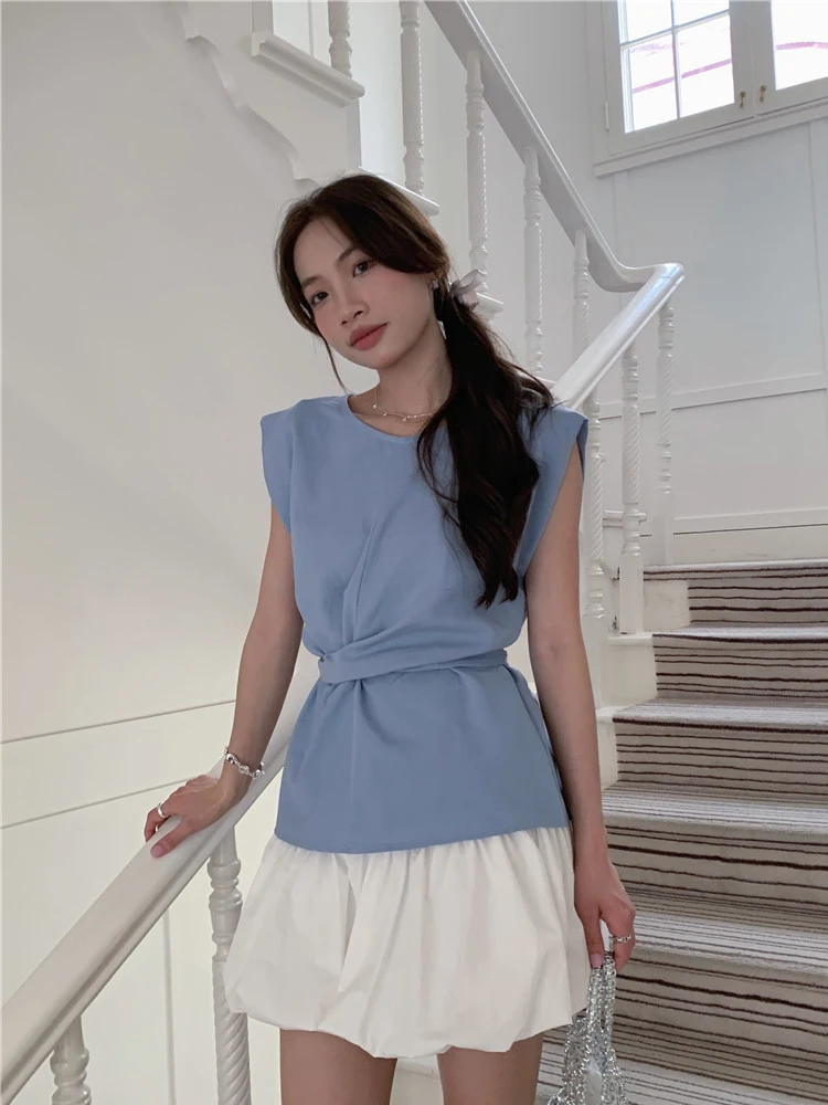 

Ele White irt женский летний модный круглый топ с завязками на талии в Корейском стиле, шикарный топ, удобный свободный крой