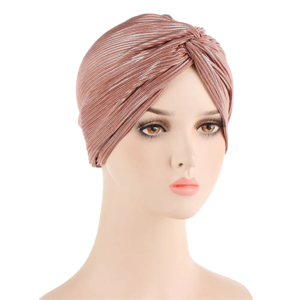 Shiny Glitter Women Muslim Twist Knot Hijab Turban Chemo Caps Bonnet Hair Loss Hat Headwrap Scarf Cover Cancer Solid Color Mujer