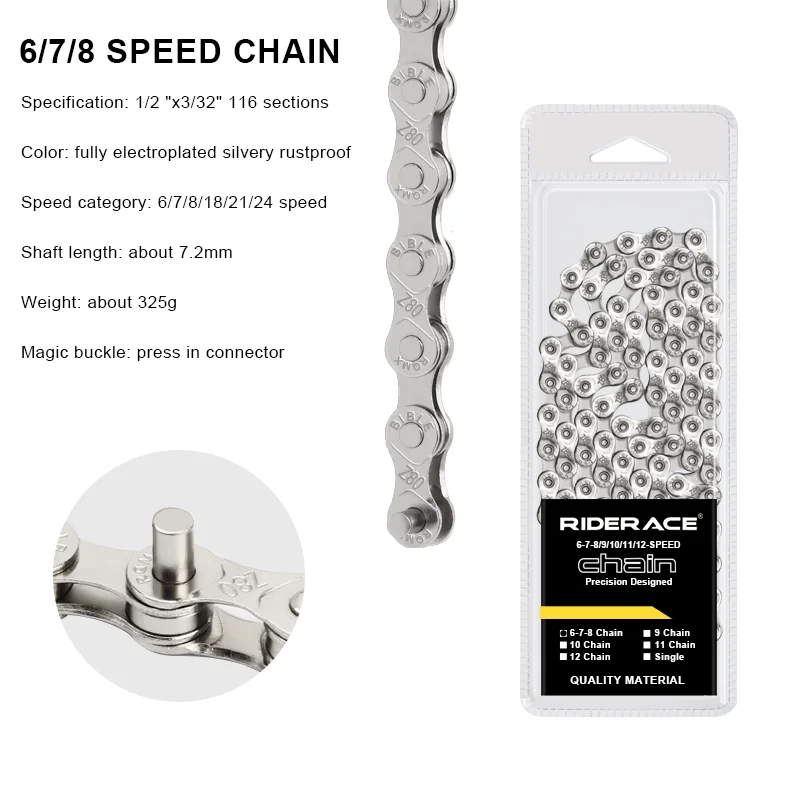 Riderace Fietsketting 116l 8 9 10 11 12 Speed Zilveren Ultralichte Mountainbike Ketting Voor 24/27/30 Variabele Snelheidsketting