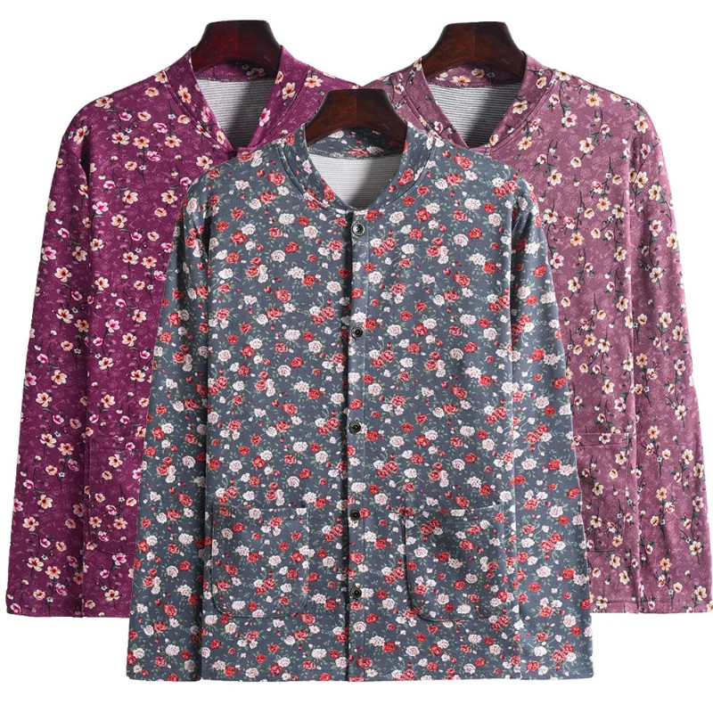 

Spring Autumn Mother Shirt Gown Elderly Velvet Cardigan Open Button Grandma Top Mother-in-law Thin Coat
