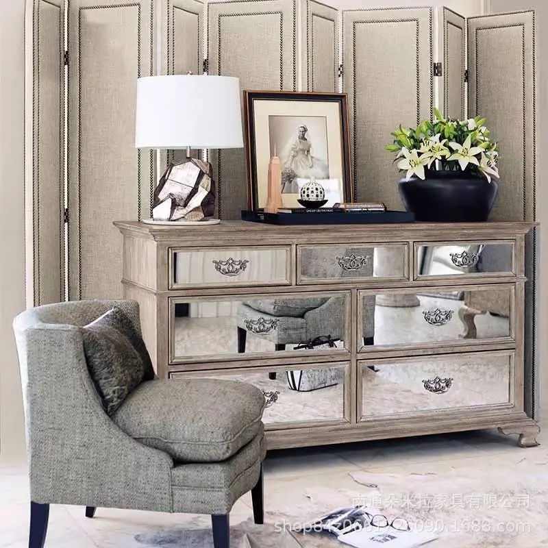 

American country retro solid wood chest bedroom old mirror storage cabinet high-end villa drawer