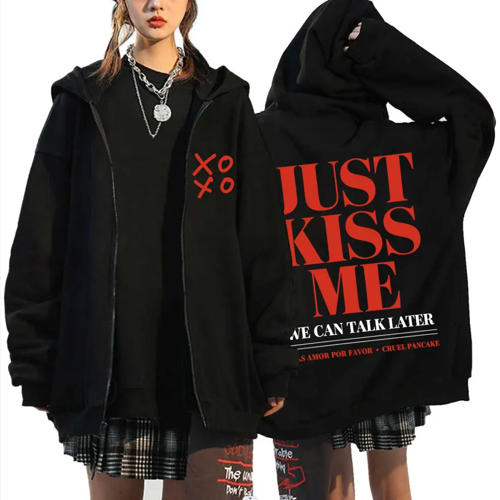 

Just Kiss Me We Can Talk Later Zipper Hoodie Men Women Fashion Casual Zip Up Jacket Unisex Fleece Cotton Zip Up Sweatshirt Coat