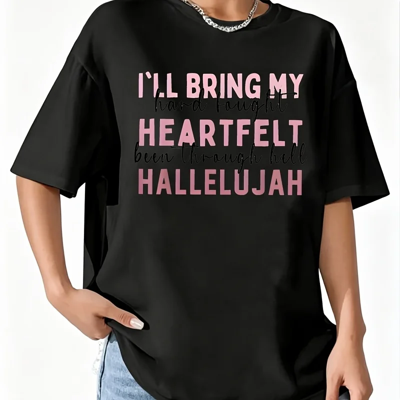I'Ll Bring My Heartfelt Hallelujah for Jesus Women's 100% Cotton T-Shirt Fun Print Short Sleeve Top Casual Round Neck Tee S-5Xl