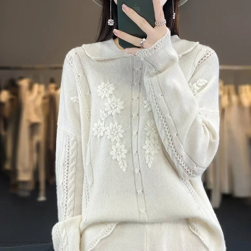 

Hot Selling Pullover 100% Wool Women's O-neck Long Sleeved Sweater Fashionable and Elegant Knitted Hollowed Out Pure Wool Women