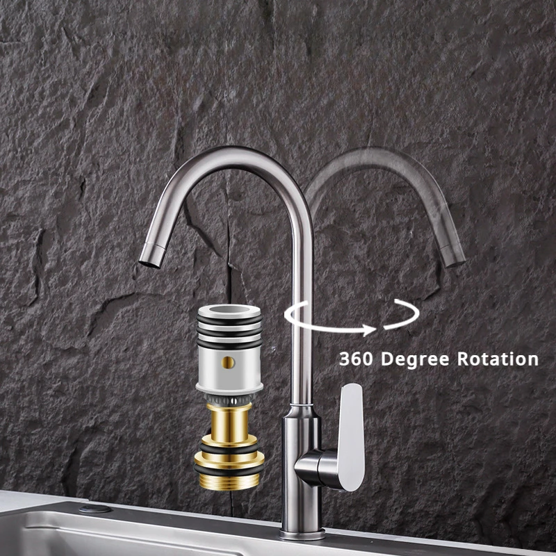 Stainless Steel Kitchen Faucet Single Hole 360 Degree Rotation Sink Faucet Vertical Curved Hot Cold Water Mixer Tap With Hose