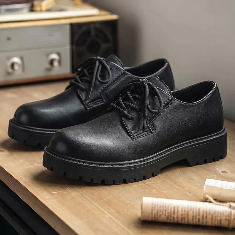 Men Black Thick Bottom Platform Oxford Shoes Lace‑Up Matte Leather Casual Office Walking Shoes for Men