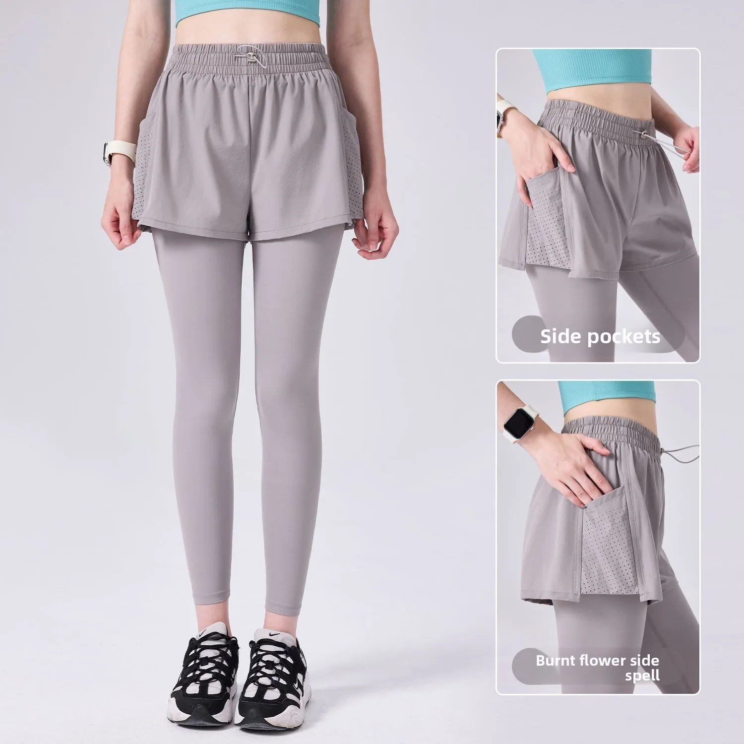 Fake Two-piece One-piece Drawstring Anti Glare Sports Large Pocket Fitness Running Breathable Pants for Women