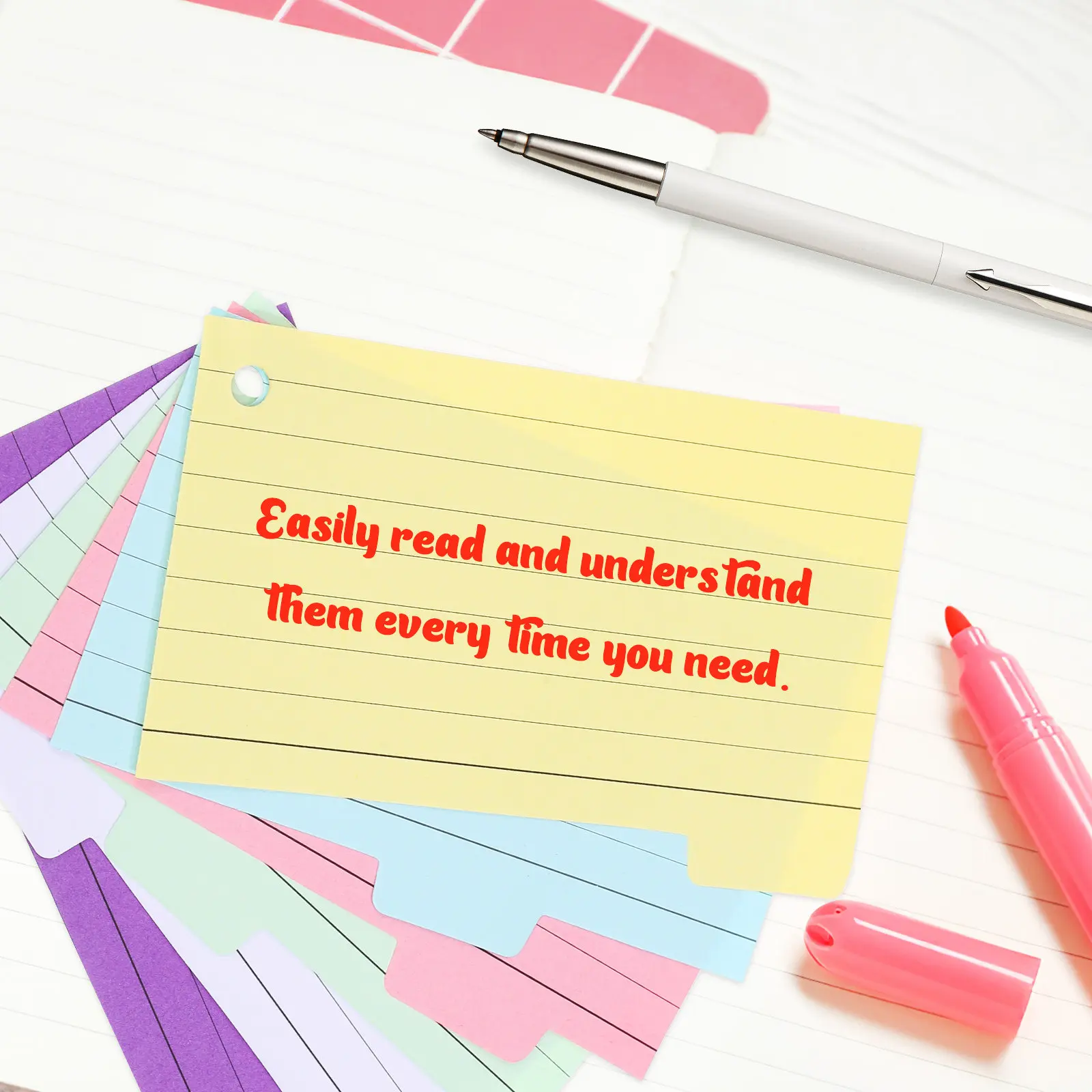300Sheets Lined Colored Index Cards with Tabs Pre Punched Metal Rings Ideal for Vocabulary Learning Memory Training Study