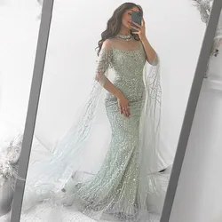 Sage Green Mermaid Luxury Dubai Evening Dress with Cape Sleeves Elegant Beading Women Wedding Formal Party Gown Vestidos Noche