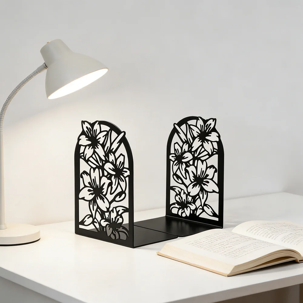 Flower Metal Bookends for Shelves, Modern Decorative Heavy Duty Study Book Support Stoppers for Office, Simple Tall Bookends