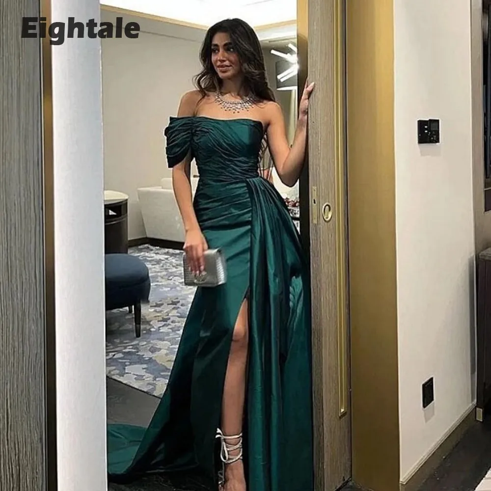 

Eightale Dark Green Evening Dresses Arabic One Shoulder Pleats Satin Mermaid Prom Party Gowns Robe De Soirée Chic Et élégante