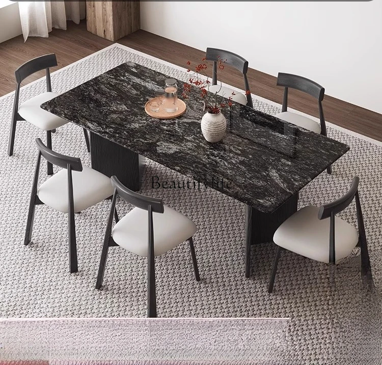 

Luxury stone dining table Solid wood medium antique high-end marble light luxury retro black dining table