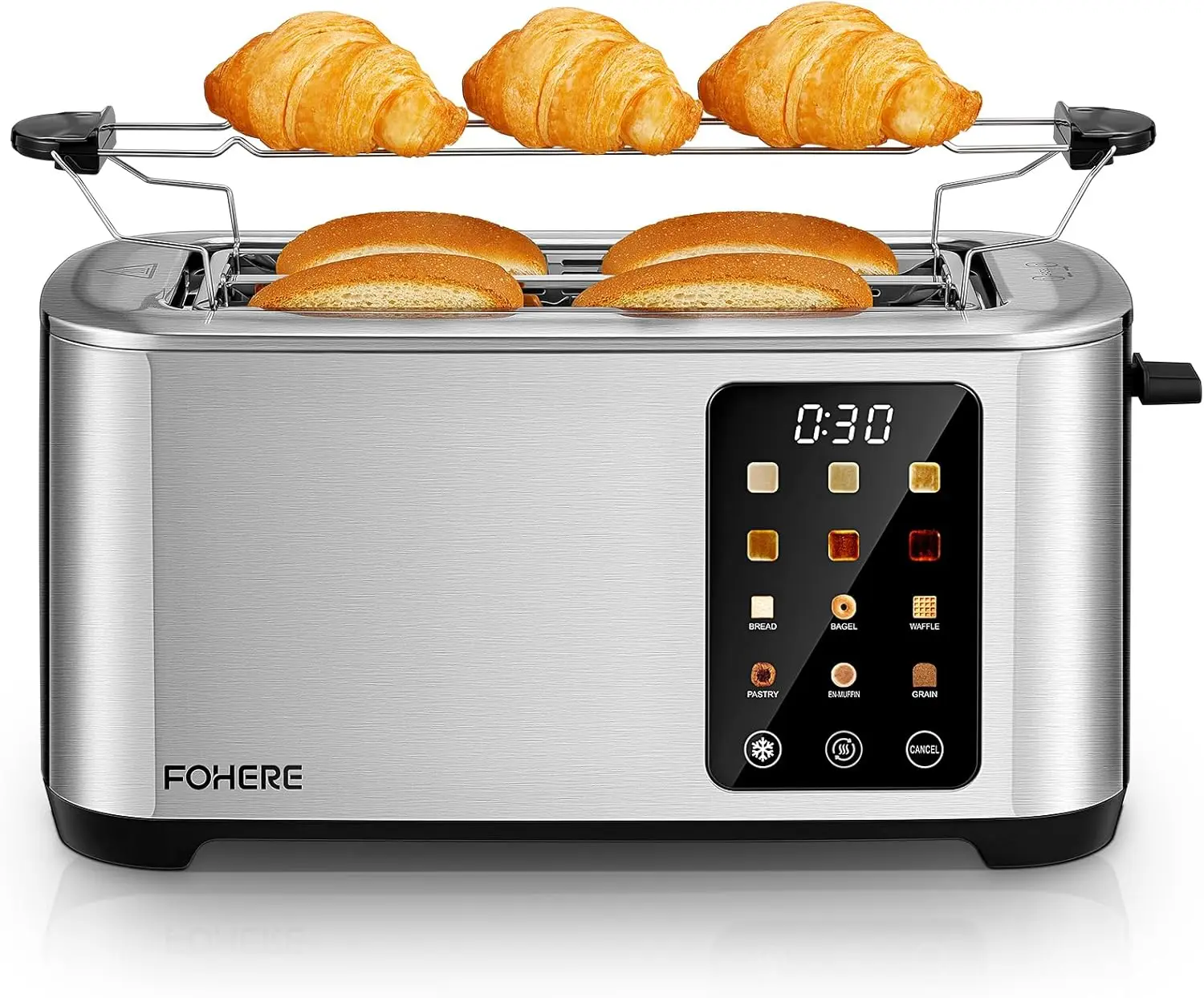 

4-Slice Touch Screen Toaster, Extra Wide Slots, 6 Shade Settings, Stainless Steel, Removable Tray, Defrost/Reheat, Cancel