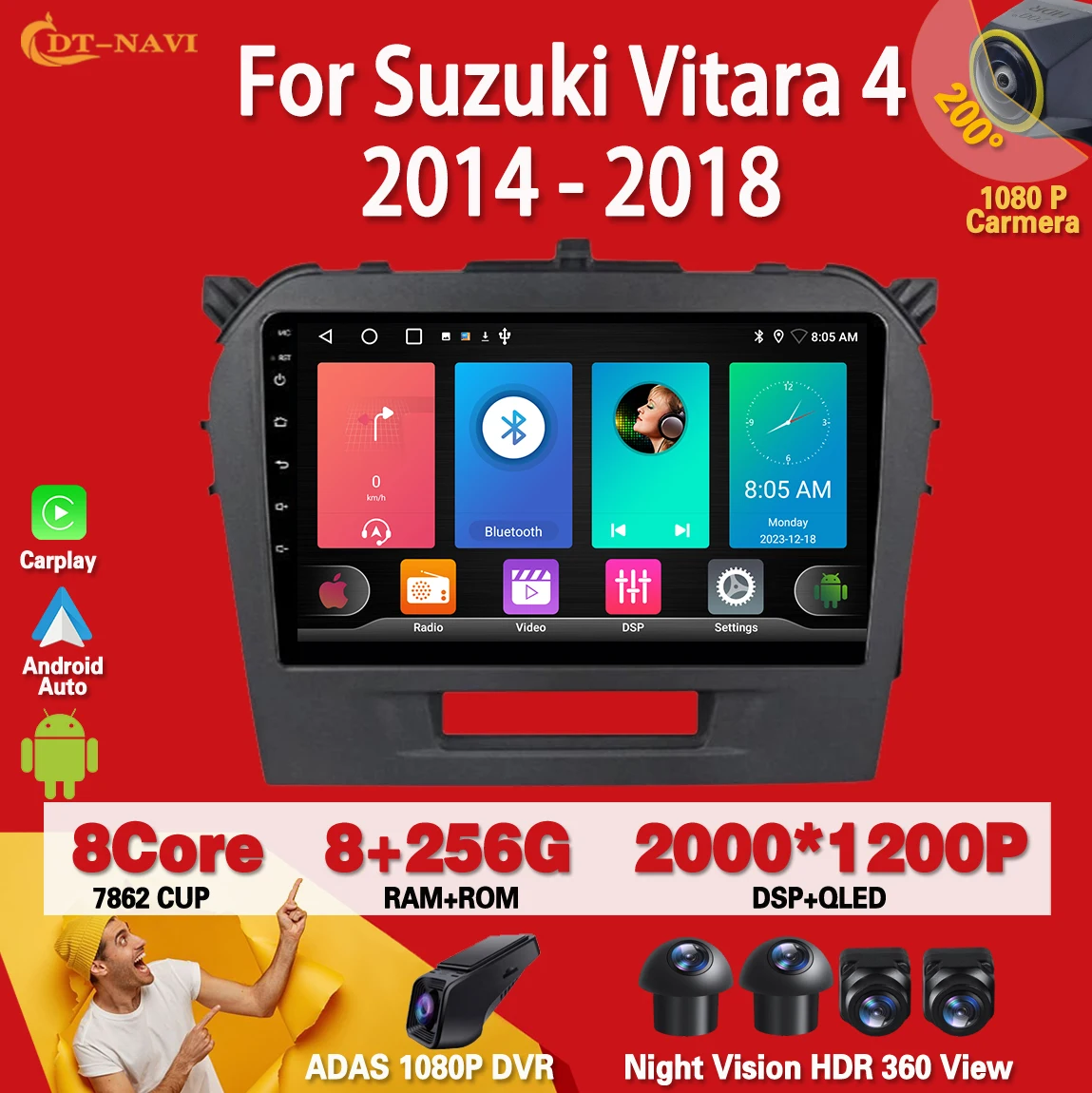 

Автомобильный радиоприемник carplay, Android 13, для Suzuki Vitara 4 2014-2018, мультимедийный видеоплеер, навигация GPS, № 2 din, DVD, 4G, Wi-Fi, BT, QLET