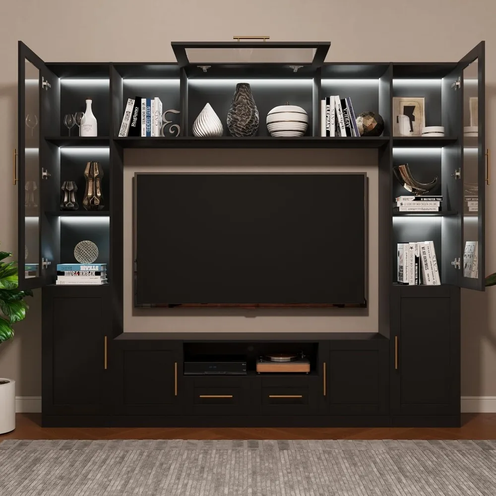 

4-Piece Entertainment Wall Unit, Multifunctional TV Stand with Tempered Glass Door/LED Lights, Up-Flip Door & Shelves, Large Con