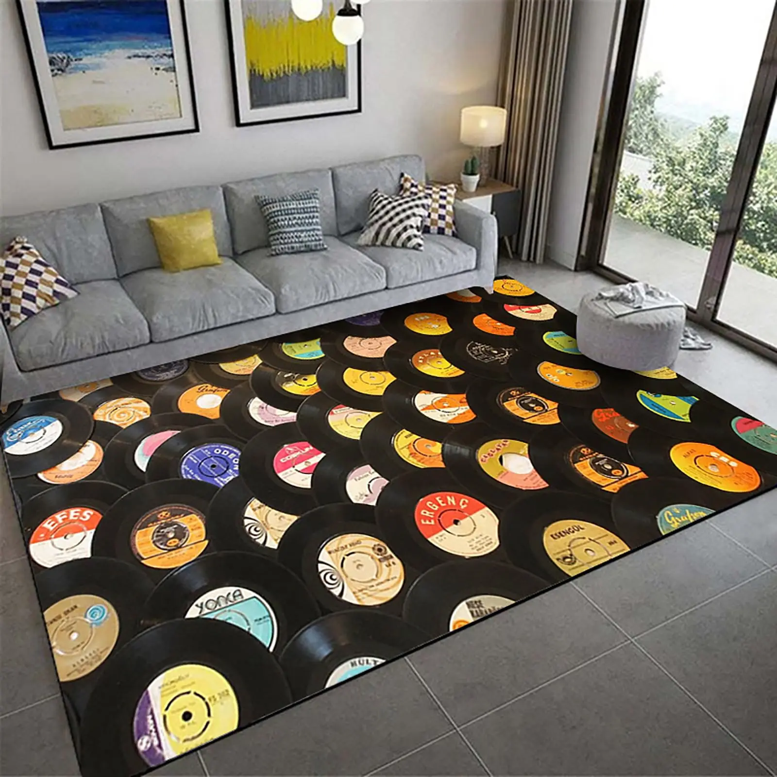 Record Area Rug CD Card Living Room Rugs Vintage Disc Print Decor Doormat Music Theme Carpet Non Slip Soft Indoor Floor Mat