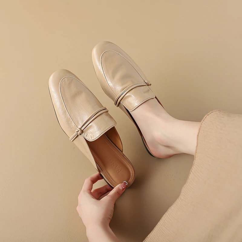 Cow Leather Square Toe Women Flats Casual Slippers Women Shoe Without Heel 2024 New Spring Autumn Mules Woman Simple White Shoes