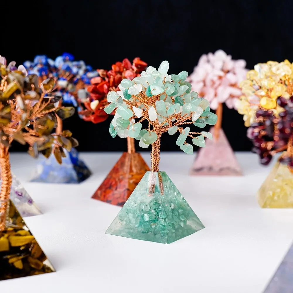 Natural Crystal Tree Ornament Resin Pyramid Base Crushed Stone Feng Shui Desk Decor Home Office Gift