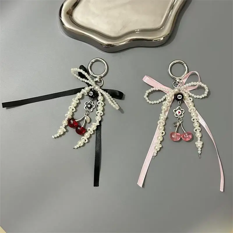 Sweet Cool Pearl Ribbon Bow Cherry Phone Chain Keychain Pendants Backpack Charm Fashion Trendy Women Bag Hanging Accessory Gifts