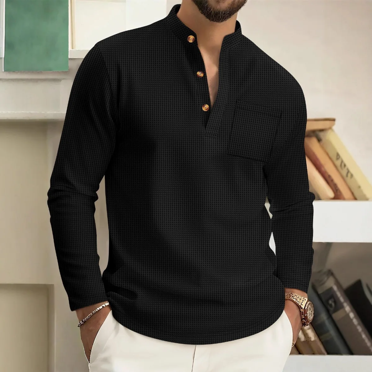 

Spring/Autumn 2025 Men's Long-Sleeve Casual Breathable Waffle Fabric Solid Color V-Neck Polo Shirt Fashion Sporty Button-Up Shir