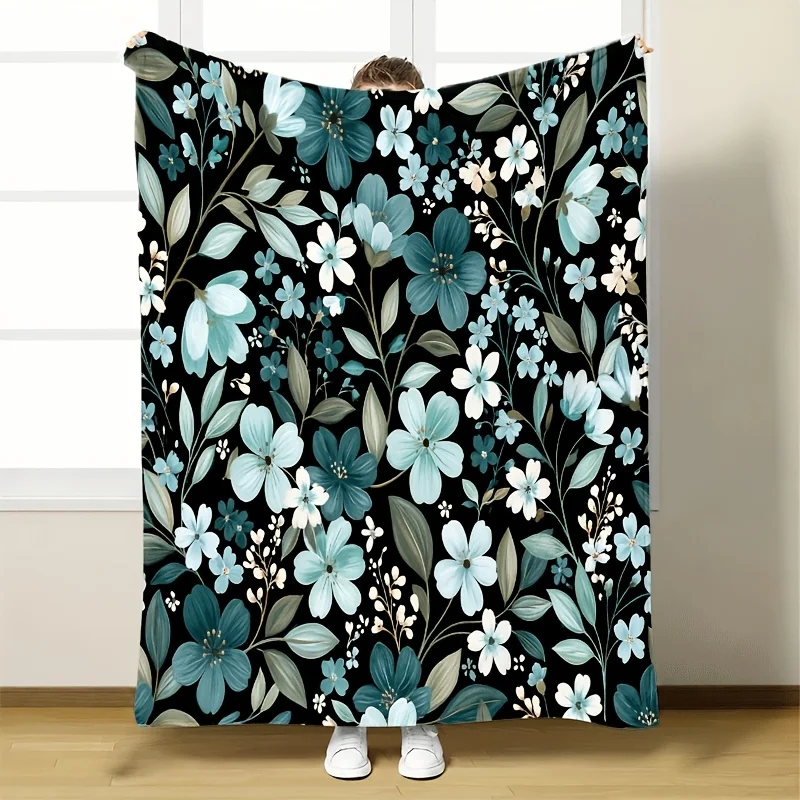 Cozy Botanical Floral Blanket Throw Bedspread for Couch Decor Large Queen Size 150x200cm Blue Green Pattern