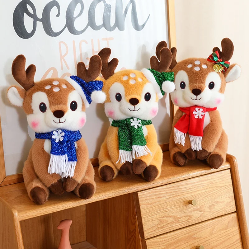 1Pc 30CM Kawaii Christmas Deer Plush Toy Cute Reindeer Plushie Doll Stuffed Soft Animal Deer with Scarf Toy Xmas Gift Decor
