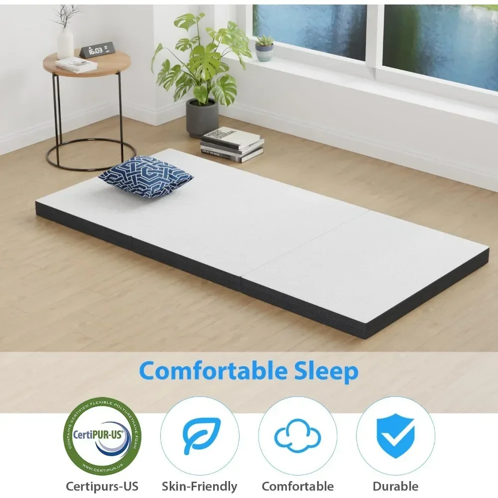 3 inch Memory Foam Tri Folding Mattress/Portable Foldable Mattress Topper with Washable Cover Non-Slip Bottom for Camping