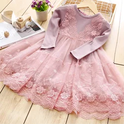 2024 New Girl Dress Long Sleeve Lace Dresses Autumn Winter Weddings Kids Birthday Party Princess Dress Children Clothes Vestidos