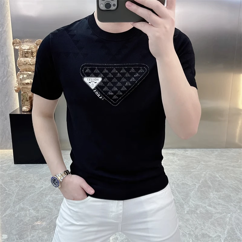 Brand Summer Knitted T-shirt for Men Ice Silk Breathable Short Sleeved T-shirts Slim Fit Round Necked Casual Business Tee Tops