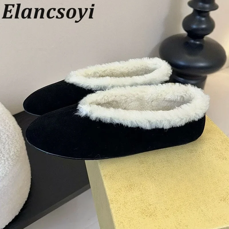Flat Shoes Winter Round Toe Loafers Women's Cow Suede Shallow Mouth Single Shoes Plush Lining Keep Warm Mary Jane Shoes