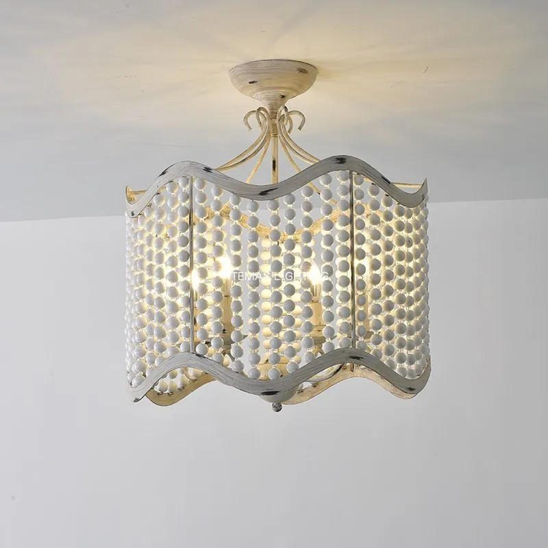 

Французская пасторальная деревянная люстра из бисера, потолок для спальни, ретро, белая занавеска из бисера, гостиная, кабинет, столовая, декоративные лампы