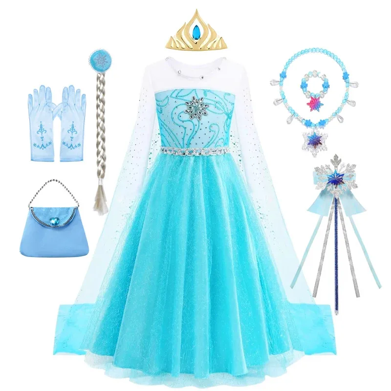 فستان إلسا للفتيات والأطفال بأكمام طويلة فستان مُصمم حسب الطلب للفتيات فستان حفلات الهالوين ملابس تنكرية 4 5 6 7 8 9 10 سنوات