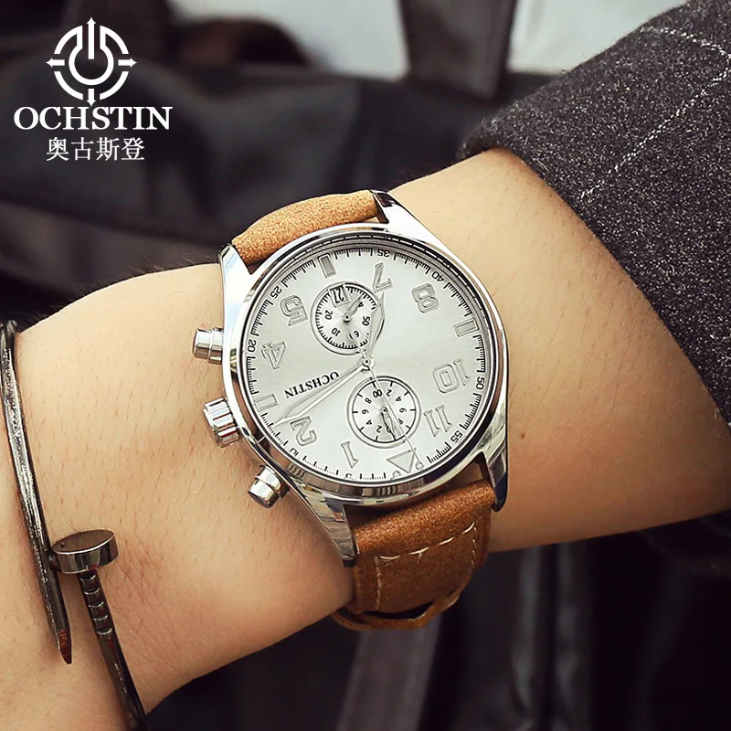 OCHSTIN حزام من الجلد حركة ساعات رجالية كوارتز مقاوم للماء أزياء فاخرة رجل متعدد الوظائف الطيار سلسلة ساعة اليد #6