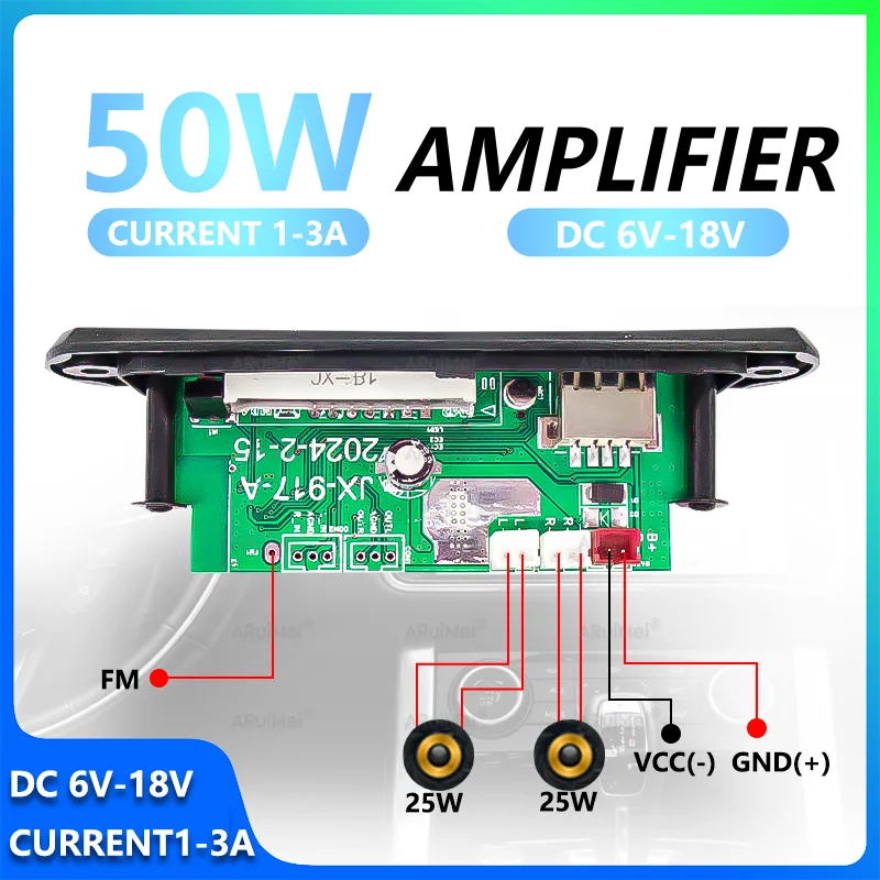 Hi-Fi 2x25W Audio Amplifier DC6-18V 1-3A Mini Stereo AMP with Remote Control Power Cord Speaker Wire Black Plastic Case