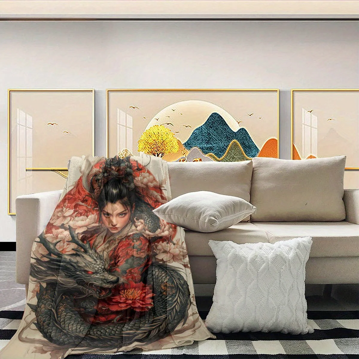 Geisha and Dragon Art Patterns Flannel printed blanket suitable for all seasons suitable for living room office sofa and travel