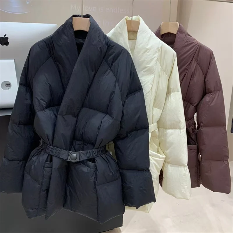 

Fashion 2024 Winter New Belt Waist-Tight Elegant Socialite Warm Down Jacket Long Sleeve Solid Color V-neck Coat Feminine Tops