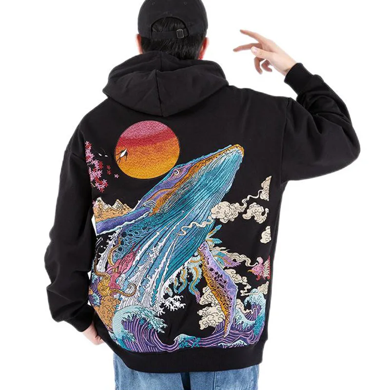 Whale Embroidery Men Cotton Hoodies Loose 2024 New Spring Autumn Unisex Casual Hoody Black / White