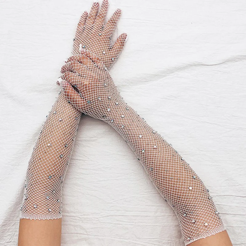 Black White Red Long Mesh Gloves With Rhinestones Hollow Fishing Net Women's Gloves Finger Fancy Cosplay Fishnet Gloves