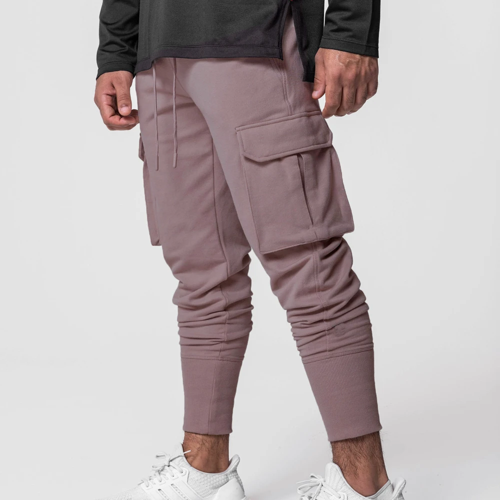 Mens Fitness Running Jogging Thick Cotton Cuffed Cargo Pants Joggers Streetwear Multi-pocket Trousers Sport Training Sweatpants