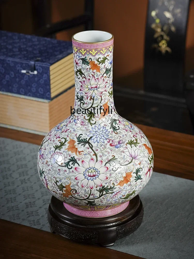 Q181  Jingdezhen Ceramic VaseDecorationLivingRoom Hand-Painted New Chinese Style Imitation Pink Bat Pattern Twine Celestial Glob