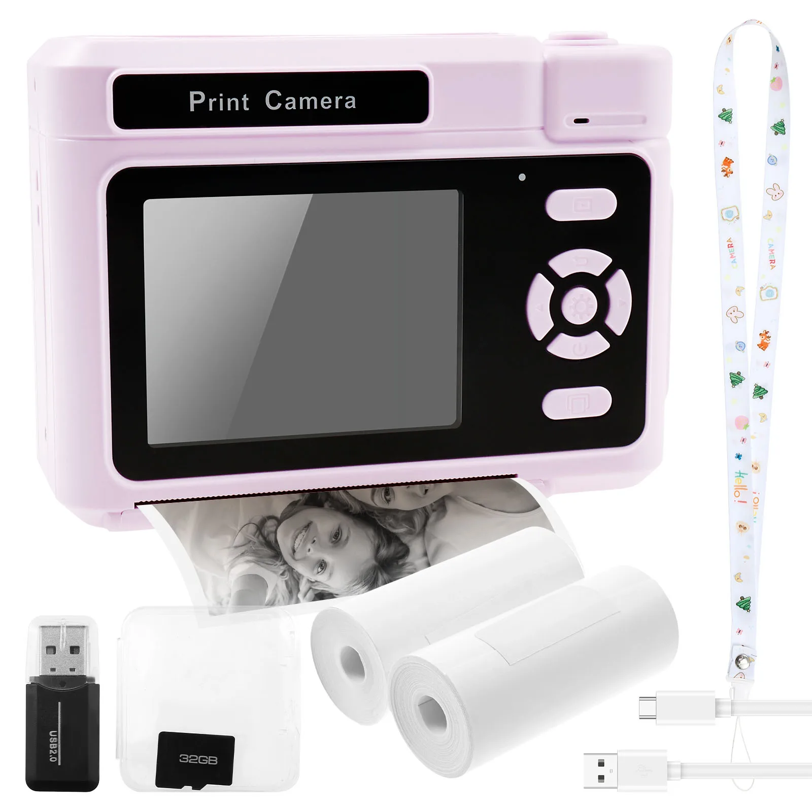 Caméra à impression instantanée pour enfants, avec papier d'impression et carte 32G, vidéo HD 1080P, cadeaux d'anniversaire à impression instantanée pour filles
