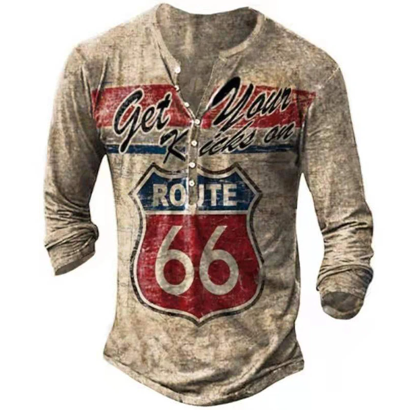 Vintage Men\'s T-shirts With Buttons Spring Summer Cotton V-Neck Long Sleeve Route 66 Letter Printing Oversized T Shirts For Men